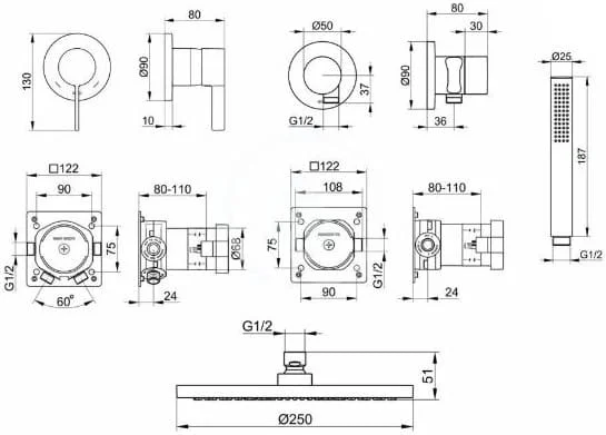 Bản vẽ kỹ thuật vòi sen tắm đứng âm tường Keuco 59603370001