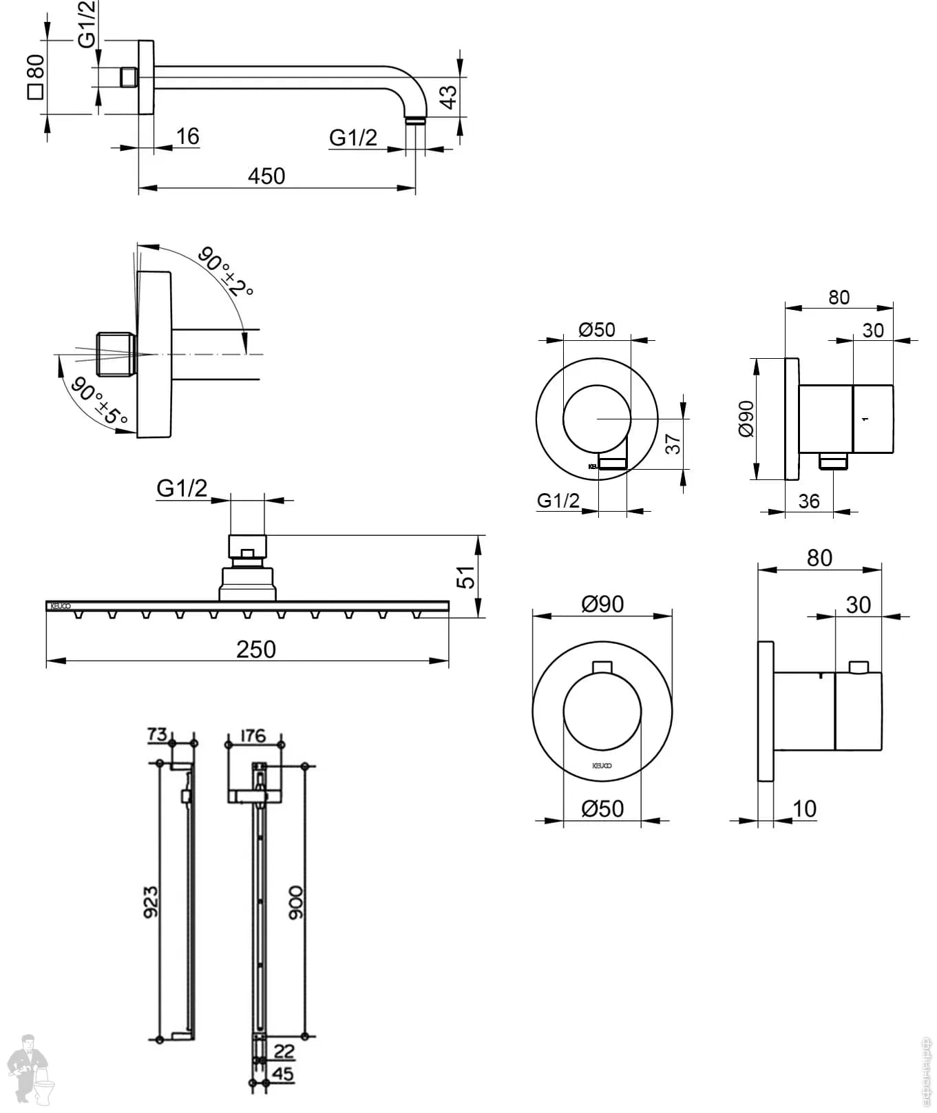Bản vẽ kỹ thuật vòi sen tắm đứng âm tường Keuco 59604010001