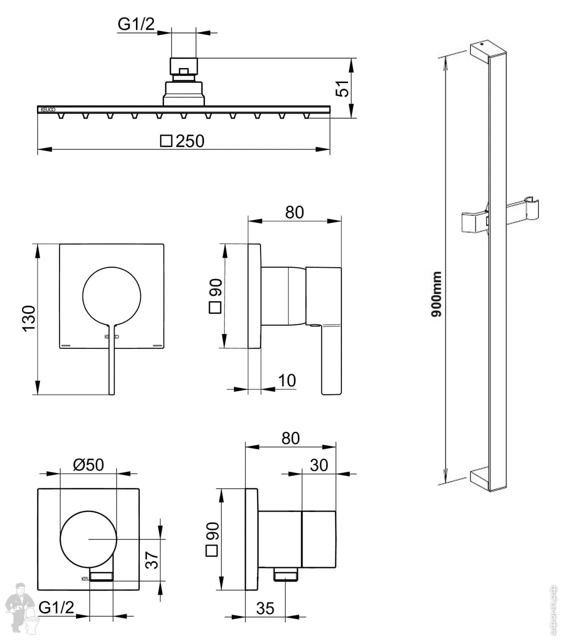 Bản vẽ kỹ thuật vòi sen tắm đứng âm tường Keuco 59604010002
