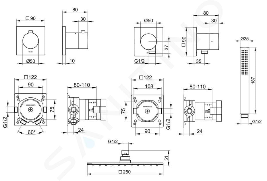 Bản vẽ kỹ thuật vòi sen tắm đứng âm tường Keuco 59605010002