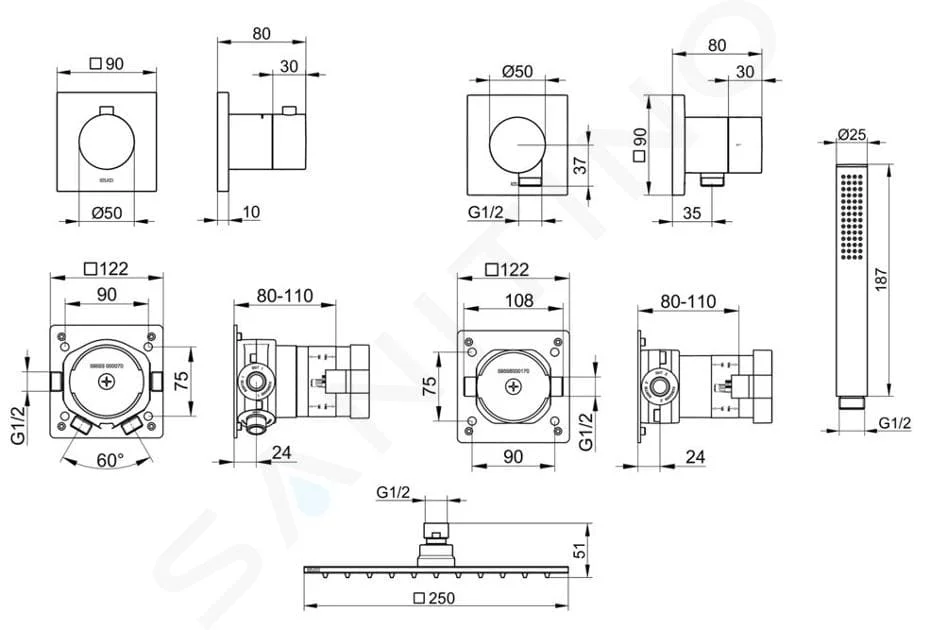 Bản vẽ kỹ thuật vòi sen tắm đứng âm tường Keuco 59605010002