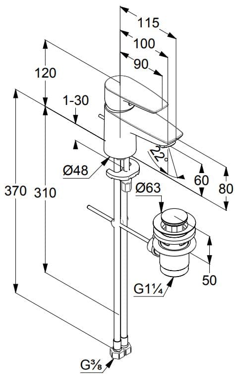 Bản vẽ kỹ thuật vòi rửa mặt nóng lạnh Kludi 343850575