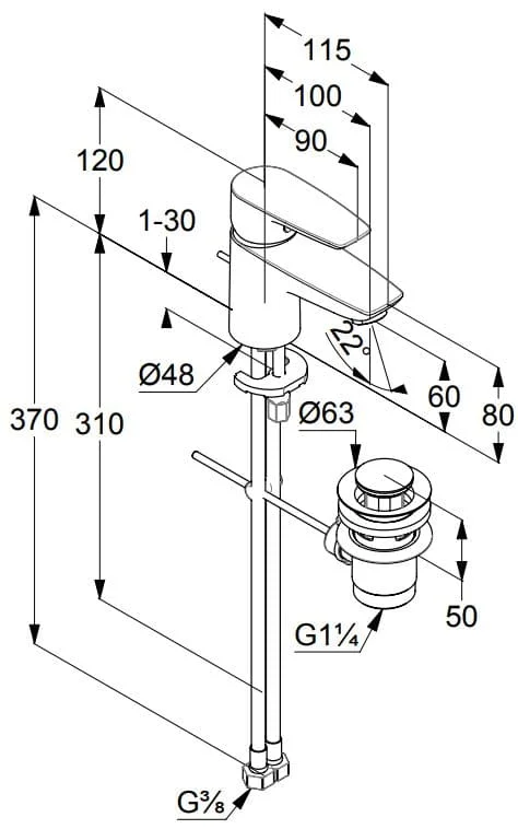 Bản vẽ kỹ thuật vòi rửa mặt nóng lạnh Kludi 343850575