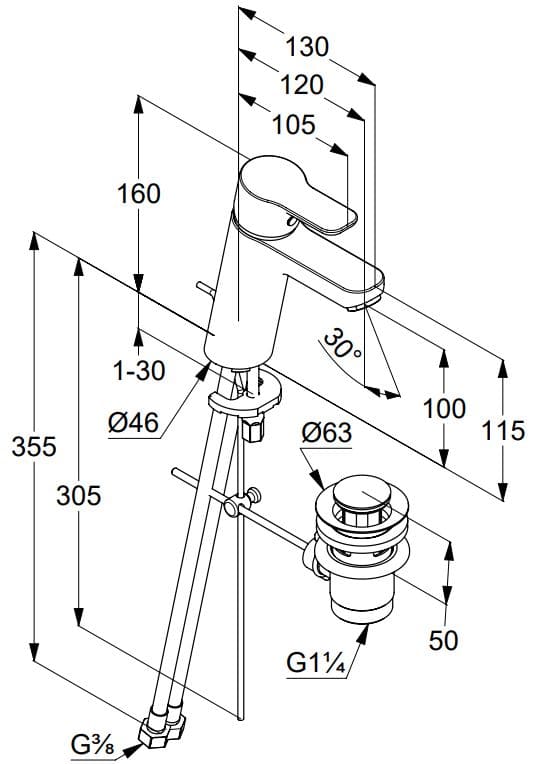 Bản vẽ kỹ thuật vòi rửa mặt nóng lạnh Kludi 372900565