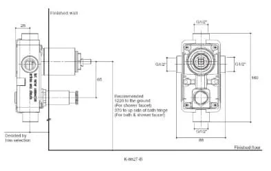 Bản vẽ kỹ thuật van điều khiển sen tắm âm tường Kohler K-882T-B-2MB