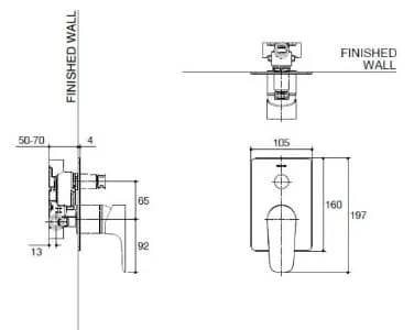 Bản vẽ mặt nạ điều khiển sen tắm âm tường 2 chiều Kohler K-26478T-4-CP