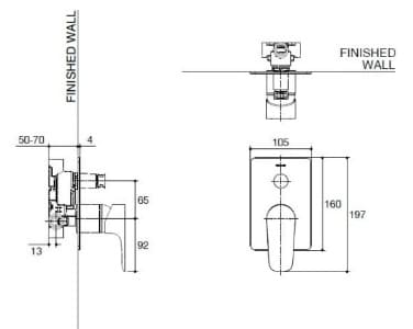Bản vẽ mặt nạ điều khiển sen tắm âm tường 2 chiều Kohler K-26478T-4-SN