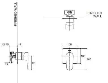 Bản vẽ mặt nạ điều khiển sen tắm âm tường 2 chiều Kohler K-26479T-4-SN