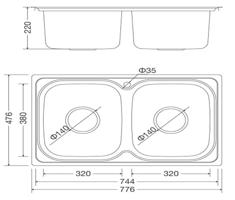 Bản vẽ kỹ thuật Chậu Rửa Chén 2 hố Malloca MS 1001 