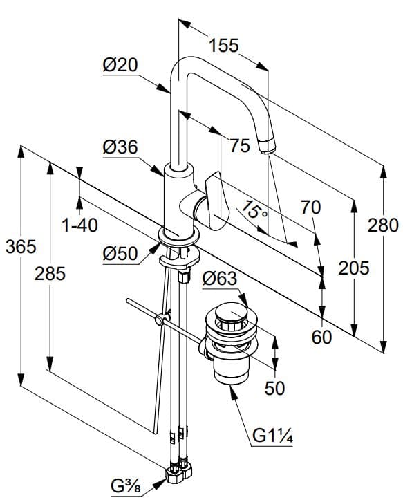 Bản vẽ kỹ thuật vòi rửa mặt cao Kludi 340250575