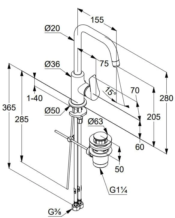 Bản vẽ kỹ thuật vòi rửa mặt cao Kludi 340250575