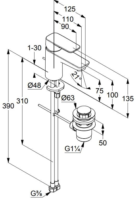 Bản vẽ kỹ thuật vòi rửa mặt nóng lạnh Kludi 403820575