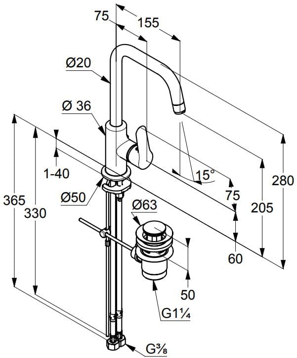 Bản vẽ kỹ thuật vòi rửa mặt 1 chân cao nóng lạnh Kludi 320230575