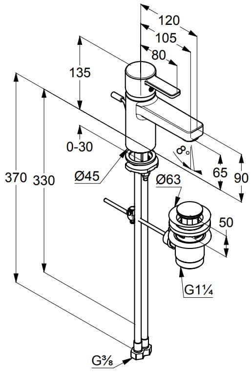 Bản vẽ kỹ thuật vòi rửa mặt nóng lạnh Kludi 382500575