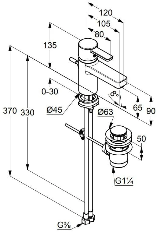 Bản vẽ kỹ thuật vòi rửa mặt nóng lạnh Kludi 382500575