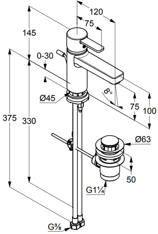 Bản vẽ kỹ thuật vòi rửa mặt nóng lạnh Kludi 382600575