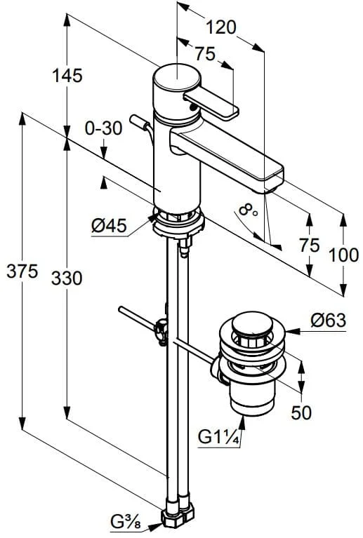 Bản vẽ kỹ thuật vòi rửa mặt nóng lạnh Kludi 382600575