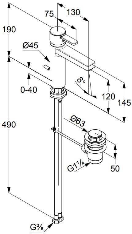 Bản vẽ kỹ thuật vòi rửa mặt nóng lạnh Kludi 382640575