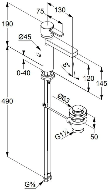 Bản vẽ kỹ thuật vòi rửa mặt nóng lạnh Kludi 382640575