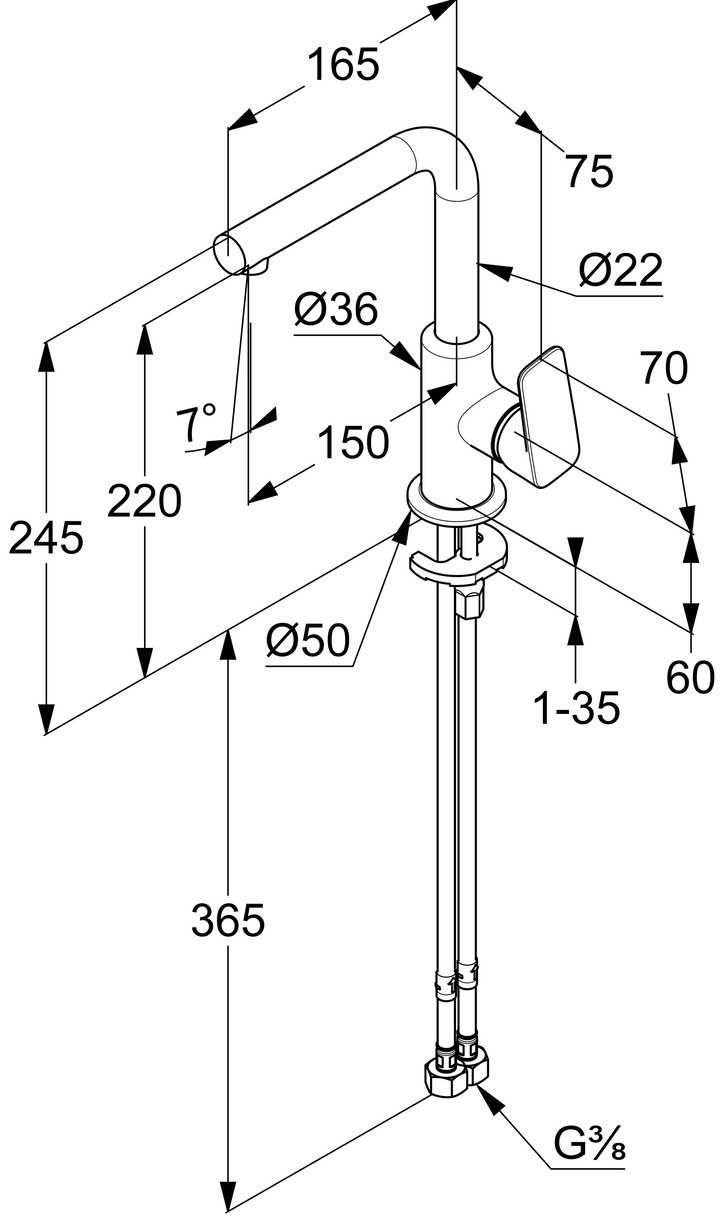 Bản vẽ kỹ thuật vòi rửa mặt 1 chân cao nóng lạnh Kludi 400243975
