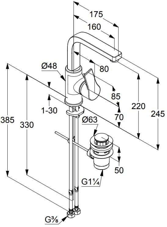 Bản vẽ kỹ thuật vòi rửa mặt 1 chân cao nóng lạnh Kludi 480270565