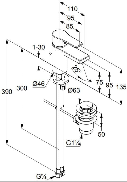 Bản vẽ kỹ thuật vòi rửa mặt nóng lạnh Kludi 482600565