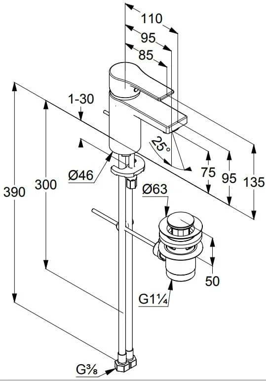 Bản vẽ kỹ thuật vòi rửa mặt nóng lạnh Kludi 482600565