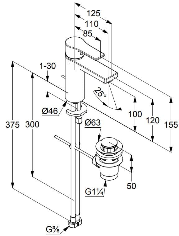 Bản vẽ kỹ thuật vòi rửa mặt nóng lạnh Kludi 482900565