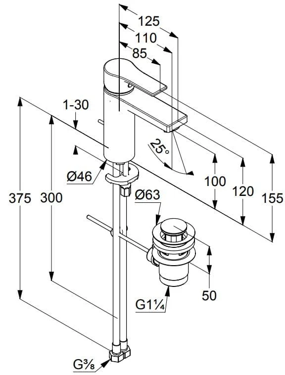 Bản vẽ kỹ thuật vòi rửa mặt nóng lạnh Kludi 482900565