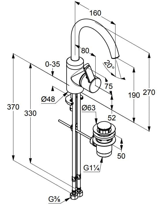 Bản vẽ kỹ thuật vòi rửa mặt 1 chân cao nóng lạnh Kludi 382550575