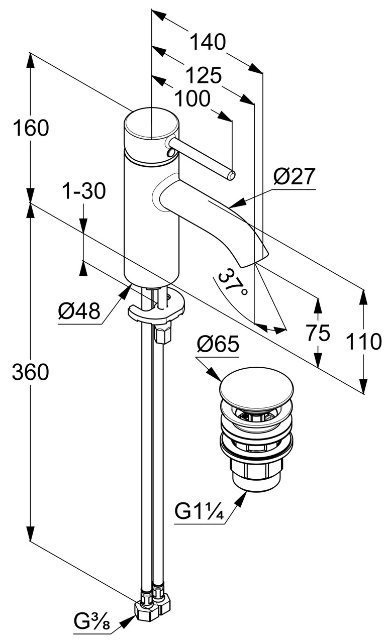 Bản vẽ kỹ thuật vòi rửa mặt nóng lạnh Kludi 382663976