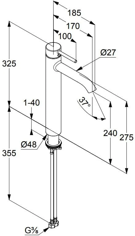 Bản vẽ kỹ thuật vòi rửa mặt 1 chân cao nóng lạnh Kludi 382860576