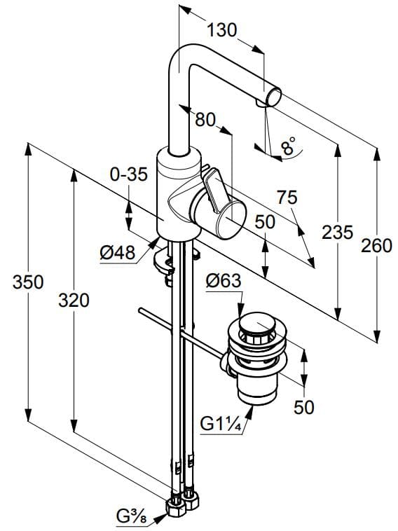 Bản vẽ kỹ thuật vòi rửa mặt 1 chân cao nóng lạnh Kludi 382940575