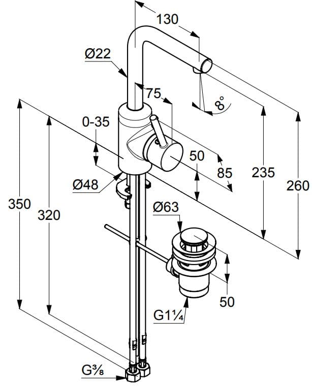 Bản vẽ kỹ thuật vòi rửa mặt 1 chân cao nóng lạnh Kludi 382940576