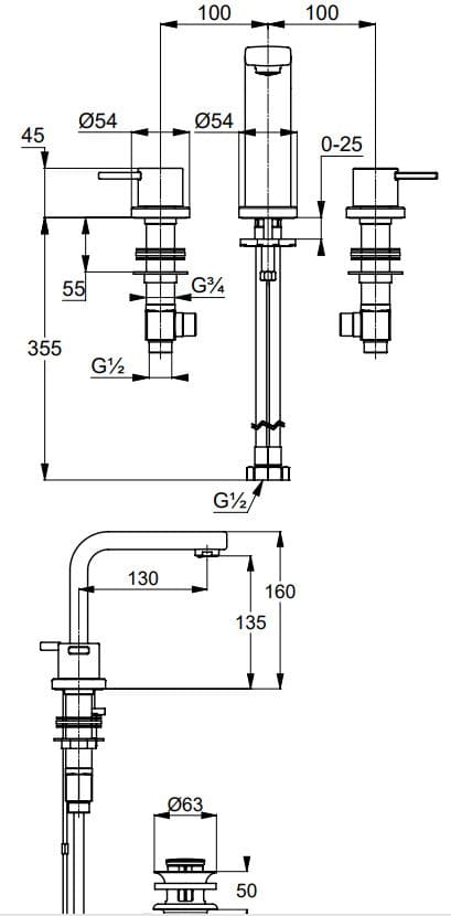 Bản vẽ kỹ thuật vòi rửa mặt nóng lạnh 3 chân Kludi 383930575