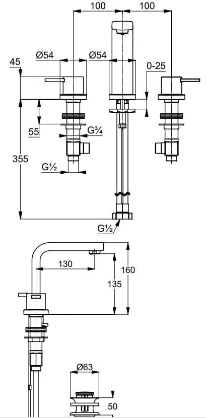 Bản vẽ kỹ thuật vòi rửa mặt nóng lạnh 3 chân Kludi 383930575