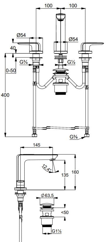 Bản vẽ kỹ thuật vòi rửa mặt nóng lạnh 3 chân Kludi 413930575