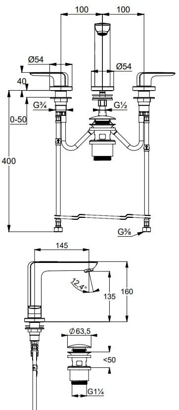 Bản vẽ kỹ thuật vòi rửa mặt nóng lạnh 3 chân Kludi 413930575