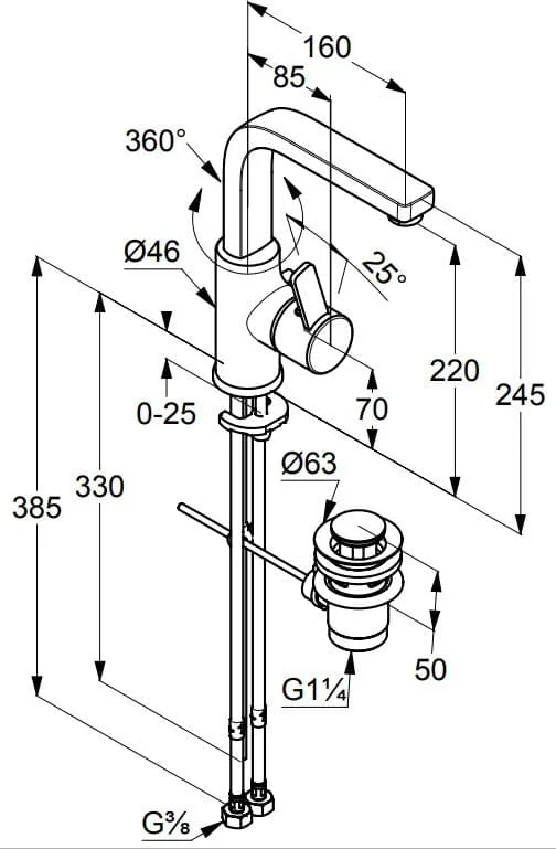 Bản vẽ kỹ thuật vòi rửa mặt 1 chân cao nóng lạnh Kludi 420250575
