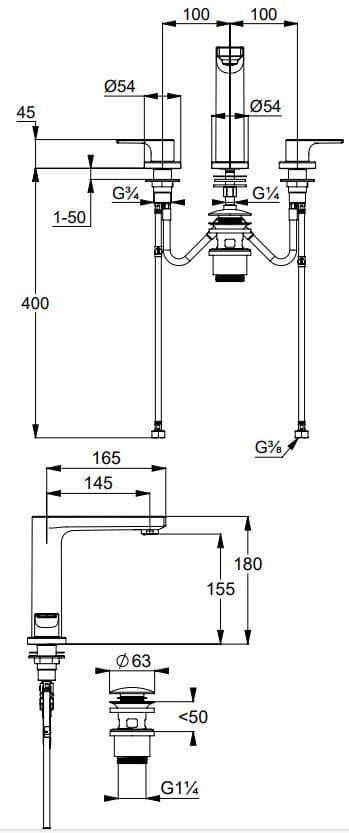 Bản vẽ kỹ thuật vòi rửa mặt nóng lạnh 3 chân Kludi 483930565