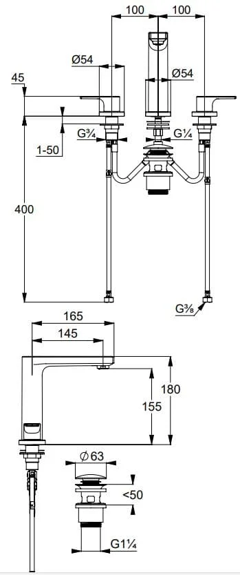 Bản vẽ kỹ thuật vòi rửa mặt nóng lạnh 3 chân Kludi 483930565