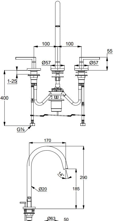 Bản vẽ kỹ thuật của vòi rửa mặt nóng lạnh Kludi 201430515