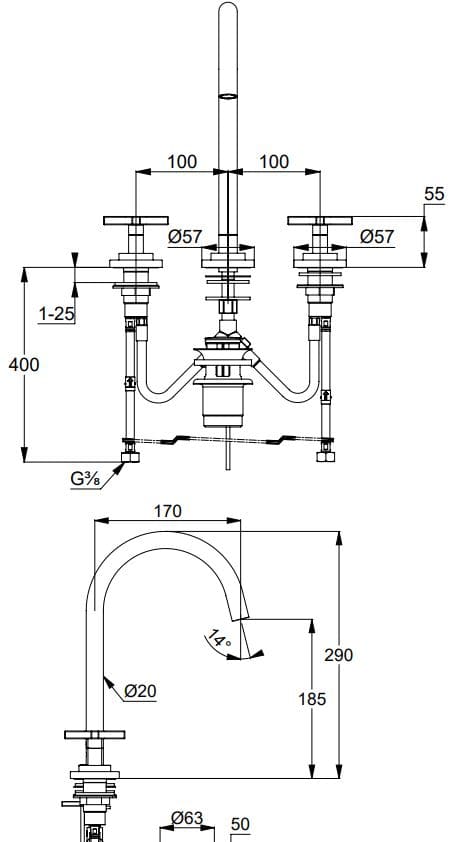 Bản vẽ kỹ thuật của vòi rửa mặt nóng lạnh Kludi 201430520