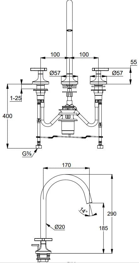 Bản vẽ kỹ thuật của vòi rửa mặt nóng lạnh Kludi 201430539