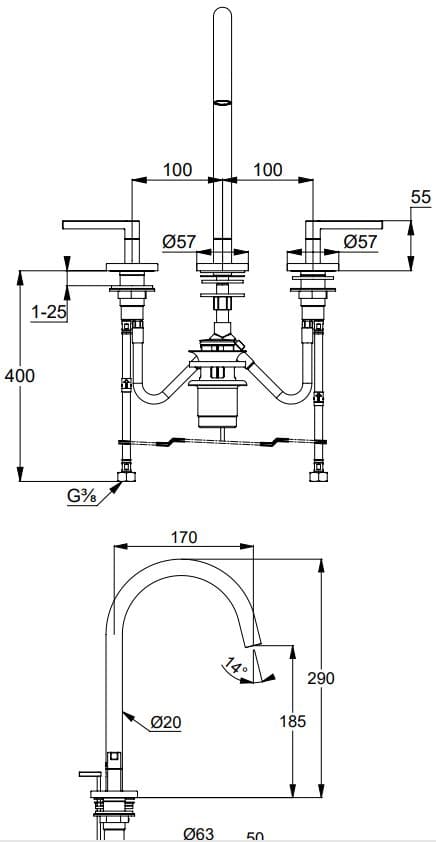 Bản vẽ kỹ thuật vòi rửa mặt 3 chân Kludi 201433915