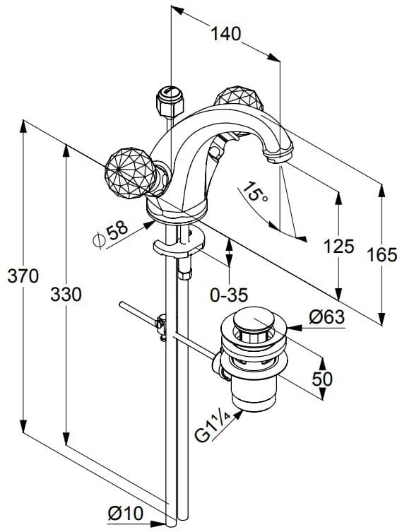 Bản vẽ kỹ thuật của vòi rửa mặt mạ vàng Kludi 5101045G4