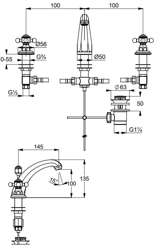 Bản vẽ kỹ thuật của vòi rửa mặt mạ vàng Kludi 5104345G4