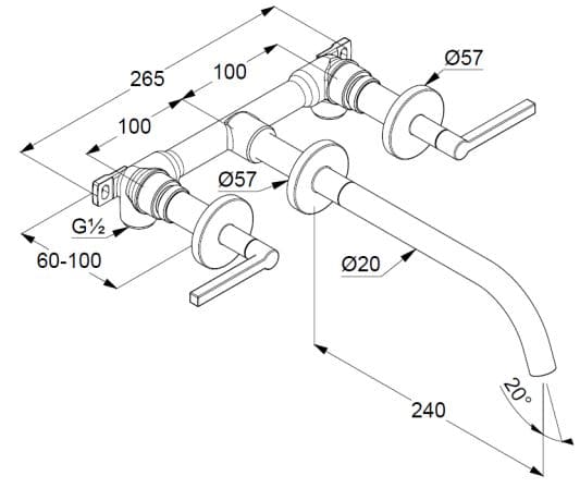 Bản vẽ kỹ thuật vòi nước âm tường nóng lạnh Kludi 201460515