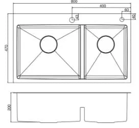 Bản vẽ kỹ thuật Chậu rửa chén 2 hố lệch âm bàn Kohler Malleco K-21918T-2PD-NA