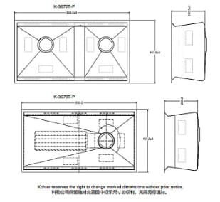 Bản vẽ kỹ thuật Chậu rửa chén 2 hố âm bàn Kohler 8 degree K-3672T-P-NA
